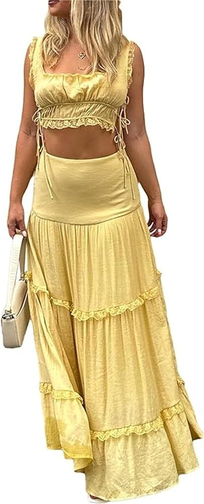 Women Y2k 2 Piece Outfits Patchwork Front Tie-Up Camisoles and Ruched Ruffle Maxi Skirt Matching ... | Amazon (US)
