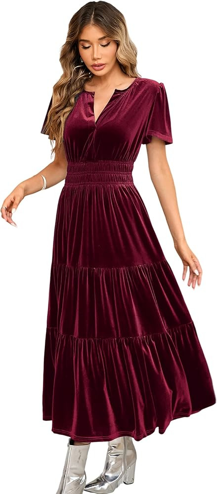 R.Vivimos Women's Fall Winter Vintage Velvet Dress Short Sleeve V Neck Elastic Waist Tiered Ruffl... | Amazon (US)