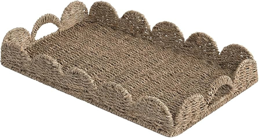 StorageWorks Large Wicker Scalloped Edge Serving Tray, Rectangle Tray with Built-in Handles, Hand... | Amazon (US)
