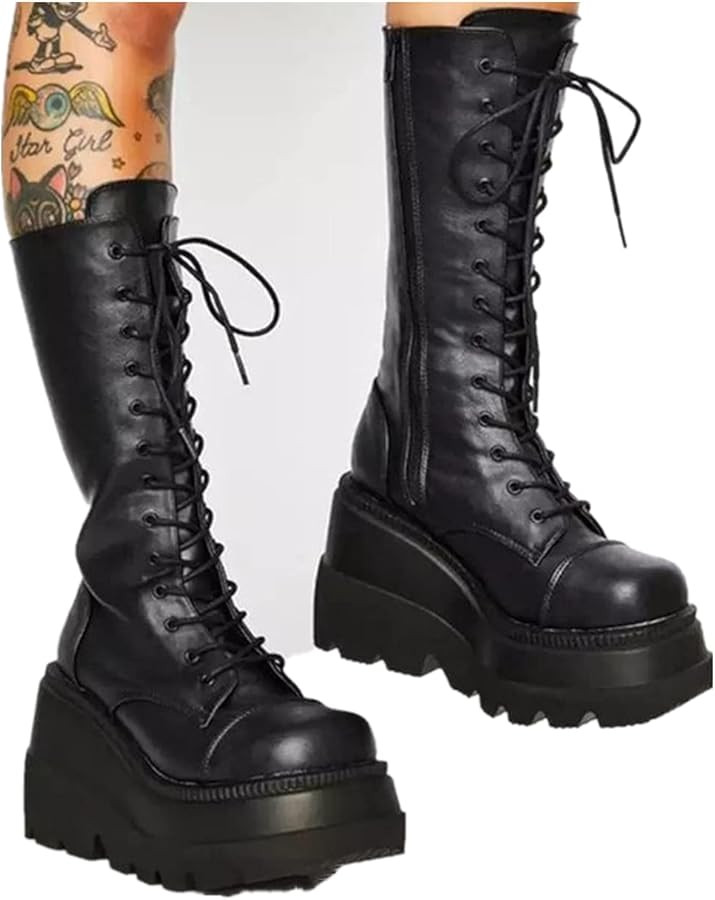 Gothniero Women Black Platform Goth Boots Mid Calf with Heel Knee High Boots Winter Chunky Heel P... | Amazon (US)