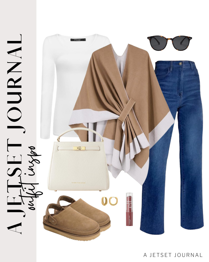 For the last outfit idea, wear your simple white top and jeans, then top it off with this camel-and-off-white shawl wrap poncho. You will love these Project Cloud leather clogs and this satchel handbag from VICTORIA HYDE, which adds texture and personality to the look. 

 #LTKSeasonal #LTKSaleAlert #LTKTravel