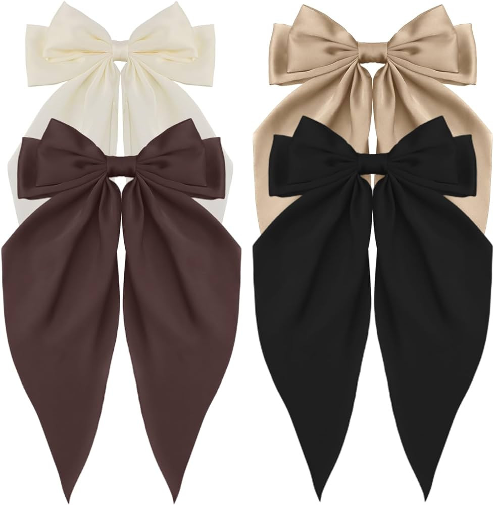 Silky Satin Hair Accessories - 4Pcs Large Oversized Ribbons, Long Tail Bowknot Barrettes with Met... | Amazon (US)