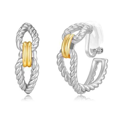 Two Tone Mixed Metal Clip On Earrings for Women – Gold and Silver Twisted Rope Knot Hoops, Chunky Non Pierced Clip On Earrings with Soft Pads, Lightweight Trendy Jewelry Gift | Amazon (US)