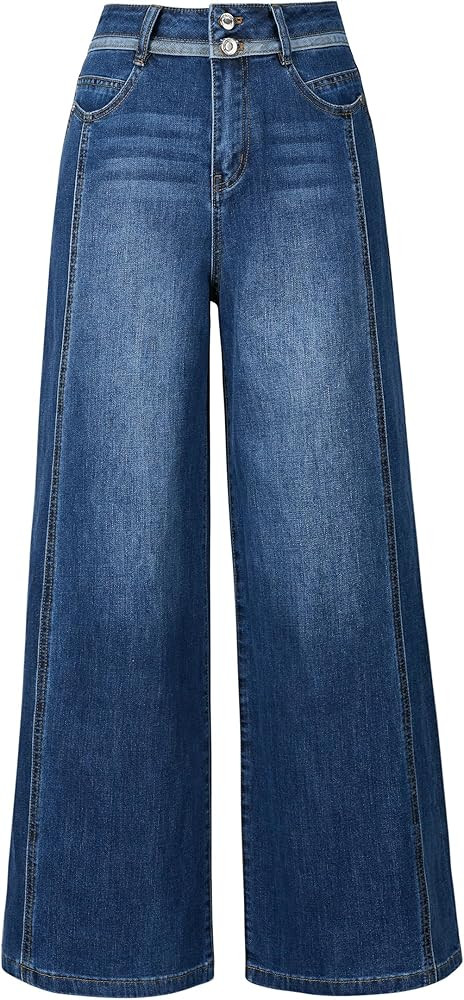 Arach&Cloz Women's Cotton Contrast Waistband Wide Leg Stretchy Denim Jeans 2026 | Amazon (US)