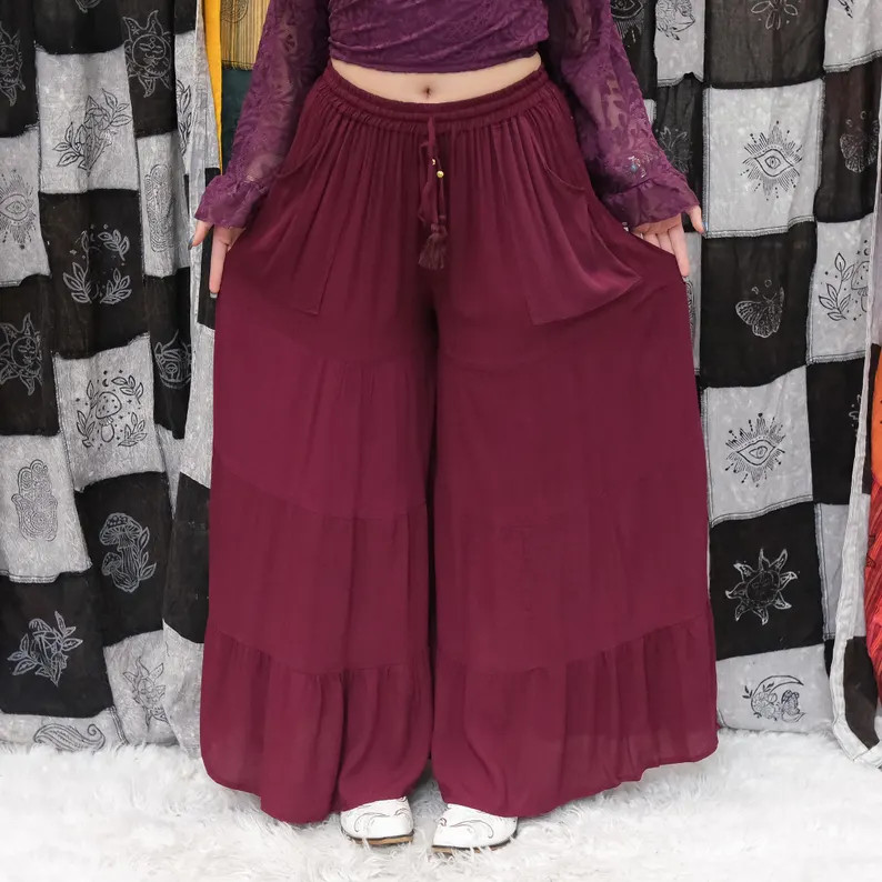 Boho Tube Top Set With Flowy Tiered Wide Leg Pants, Smocked Strapless Crop Top, Pockets, Festival... | Etsy (Global)