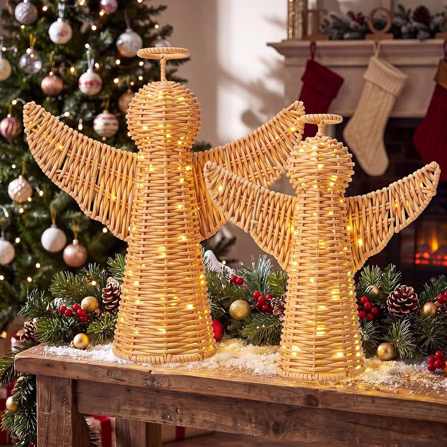 Yookeer 2 Pcs Woven Rattan Angel Christmas Decor with Lights | Amazon (US)