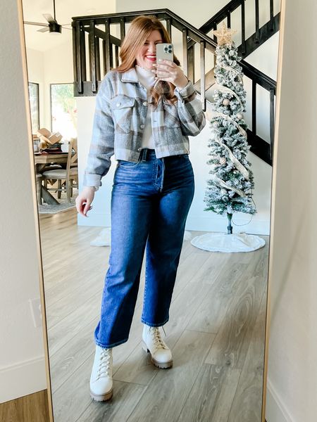 Cropped plaid shacket from amazon wearing size medium. Amazon shacket. Winter outfit. Straight leg jeans. 

#LTKsalealert #LTKunder50 #LTKstyletip