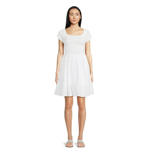 Time and Tru Women's Short Sleeve Smocked Mini Double Cloth Dress | Walmart (US)