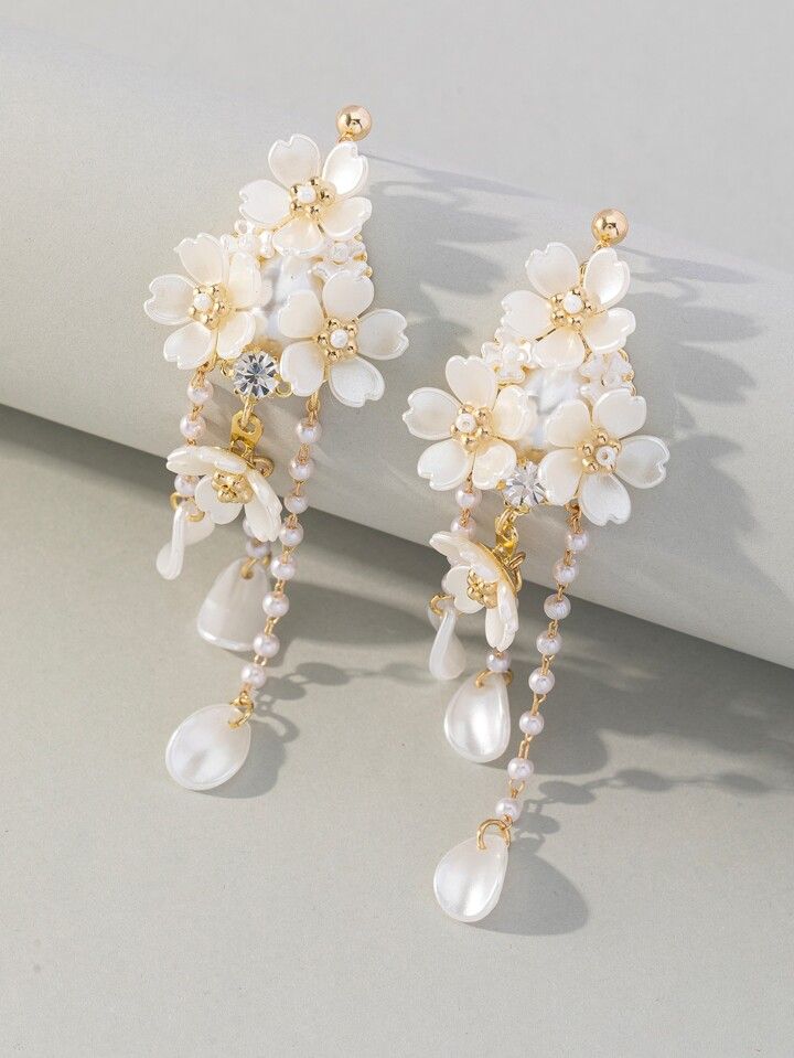 Flower & Faux Pearl Decor Drop Earrings | SHEIN