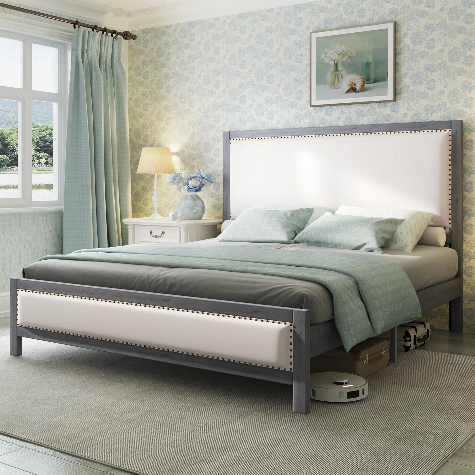 Solid Wood Platform Bed with Linen & Nailhead Trim | Wayfair North America