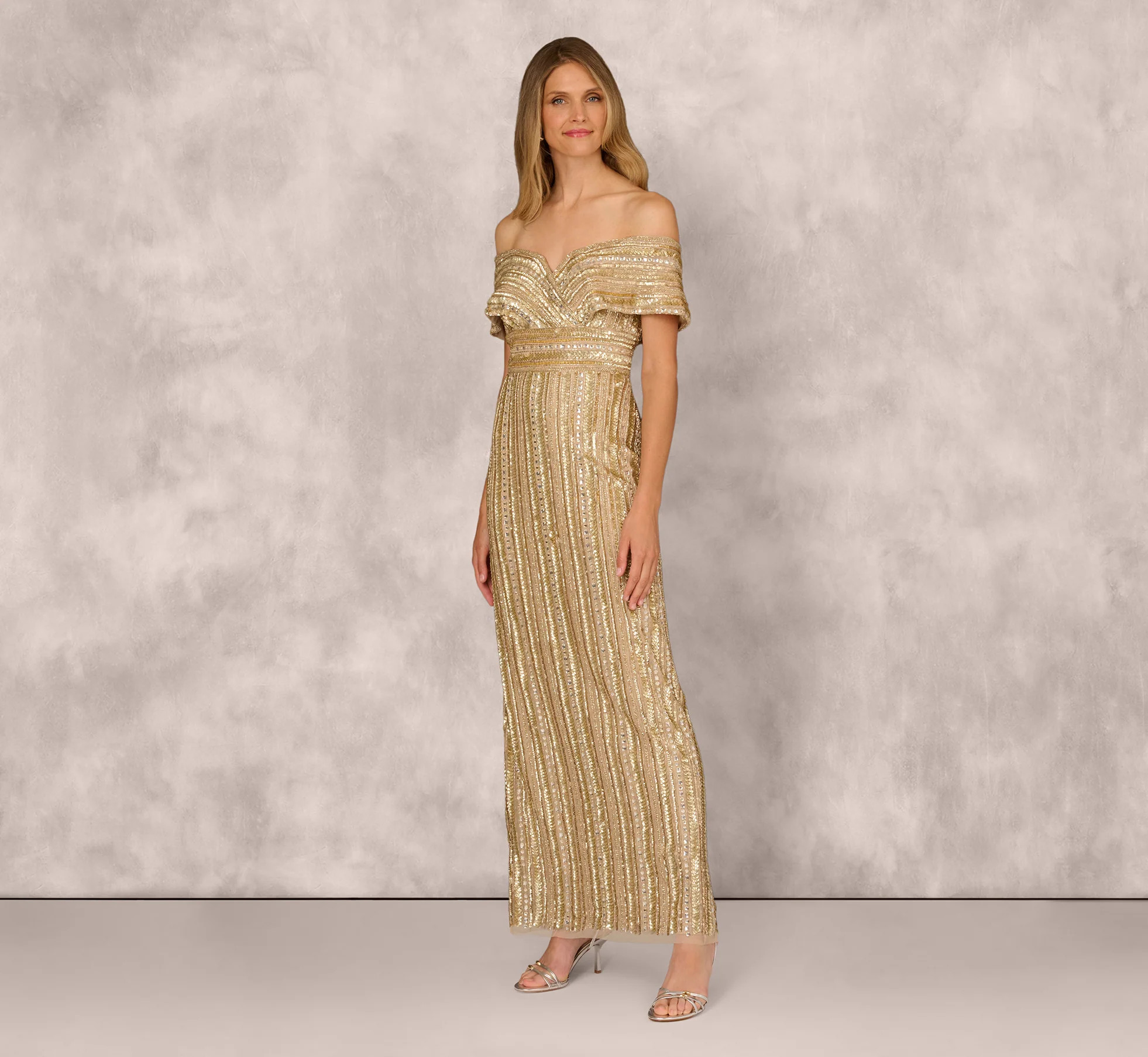 Off Shoulder Sequin Bead Column Gown In Gold | Adrianna Papell