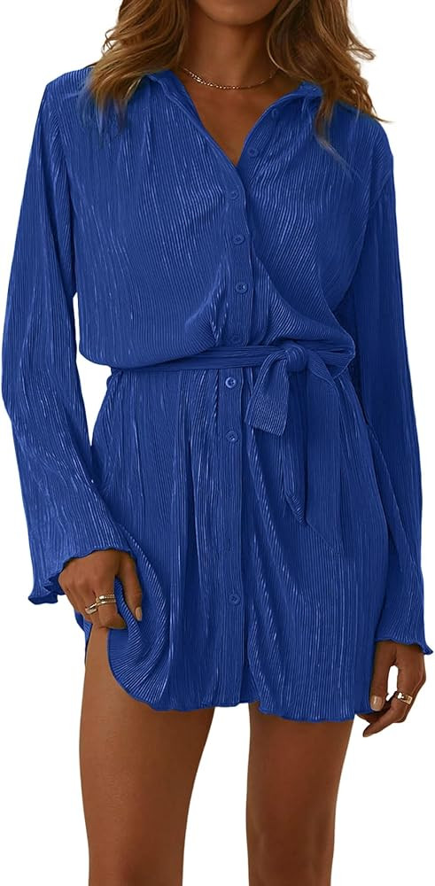 LYANER Women's Collar V Neck Button Down Pleated Long Sleeve Mini Shirt Dress with Belt | Amazon (US)