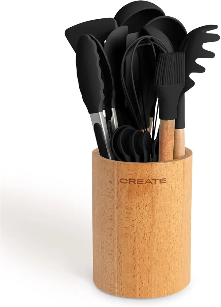 CREATE/Set de utensilios negro y madera / 11 utensilios, silicona y madera de haya, libres de BPA... | Amazon (ES)