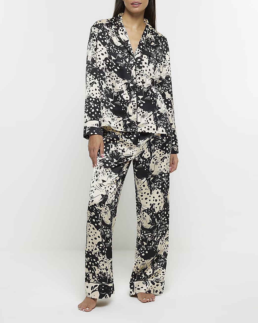 Black satin animal print pyjama shirt | River Island (US)