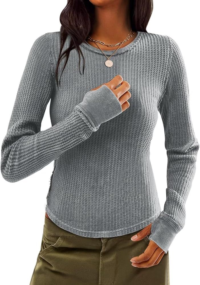 Micticsi Womens Waffle Knit Top Thermal Long Sleeve Shirts for Women Fitted Crew Neck T Shirts Fa... | Amazon (US)