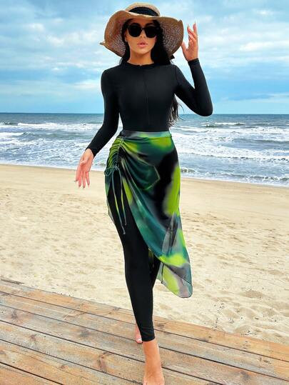 SHEIN Swim Mulvari Summer Beach Tie-Dye Conservative Stand Collar One-Piece Swimsuit | SHEIN