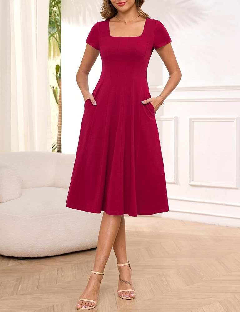 Annebouti Womens Spring Summer 2025 A-Line Square Neck Short Sleeve Semi-Formal Casual Work Midi Dress with Pockets | Amazon (US)