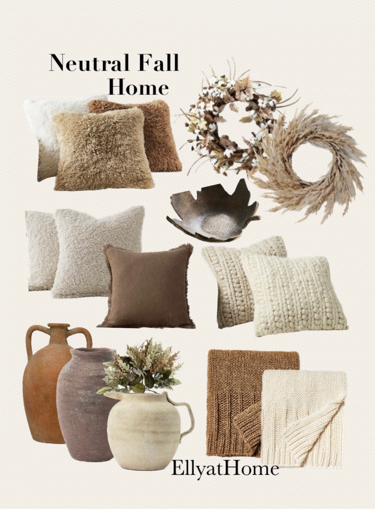 Neutral fall home styling. Comfy and cozy throw pillows and blankets, fall home decor accessories, vases, florals, wreaths. Some selections on sale. Amazon home finds, Pottery Barn, Target, McGee & Co. sale alerts, free shipping. Living room, family room. 

#LTKhome #LTKSeasonal #LTKsalealert