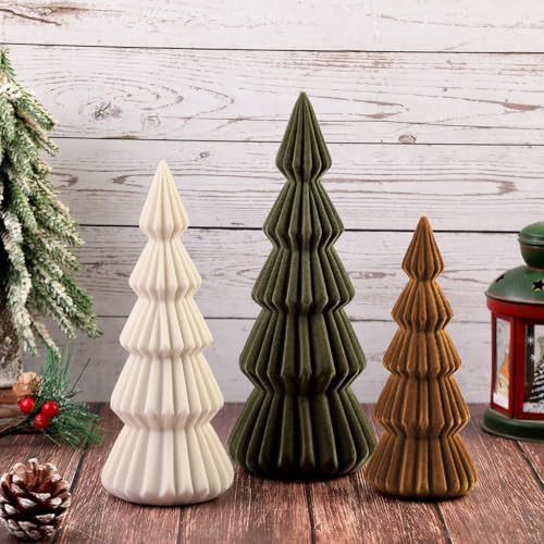 Relaxgiant Set of 3 Velvet Ceramic Christmas Trees Decoration Large Modern Velvet Cone Christmas Tree Figurine Decor Holiday Xmas Winter Indoor Home Tabletop Mantel Centerpiece(Green, Beige, Brown) | Amazon (US)