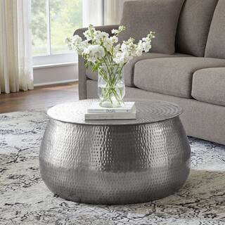 Home Decorators Collection Calluna 30 in. Silver Medium Round Metal Coffee Table with Lift Top St... | The Home Depot