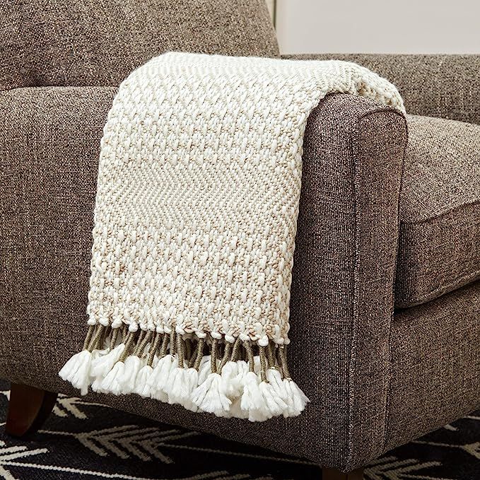 Amazon Brand – Rivet Modern Hand-Woven Stripe Fringe Throw Blanket, 50" x 60", Tan and Ivory wi... | Amazon (US)