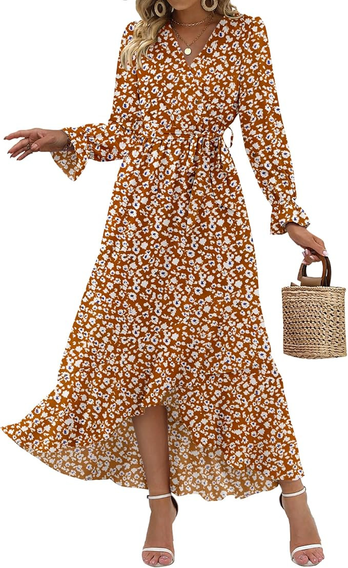 BTFBM Puff Long Sleeve Boho Dresses for Women | V Neck,High Waist,Floral,Maxi Dress,Ruffle Wrap H... | Amazon (US)