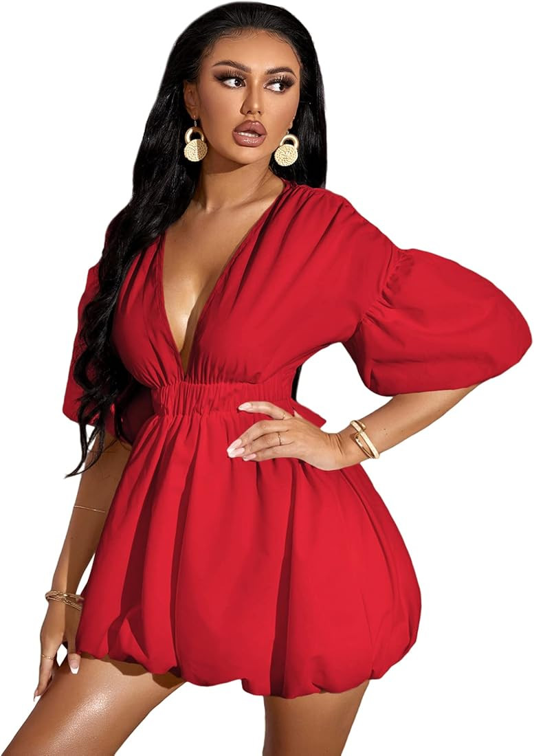 WDIRARA Women's Deep V Neck Puff Sleeve High Rise Flare Dress Elastic Waist Dress | Amazon (US)