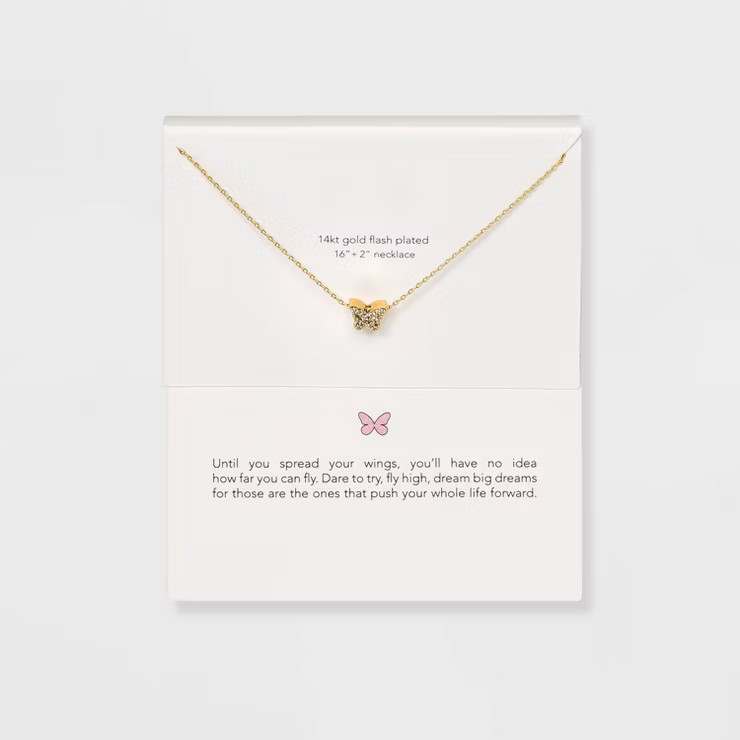 Silver Plated Gold Dipped Micro Pave Butterfly Cubic Zirconia Pendant Necklace - Gold | Target