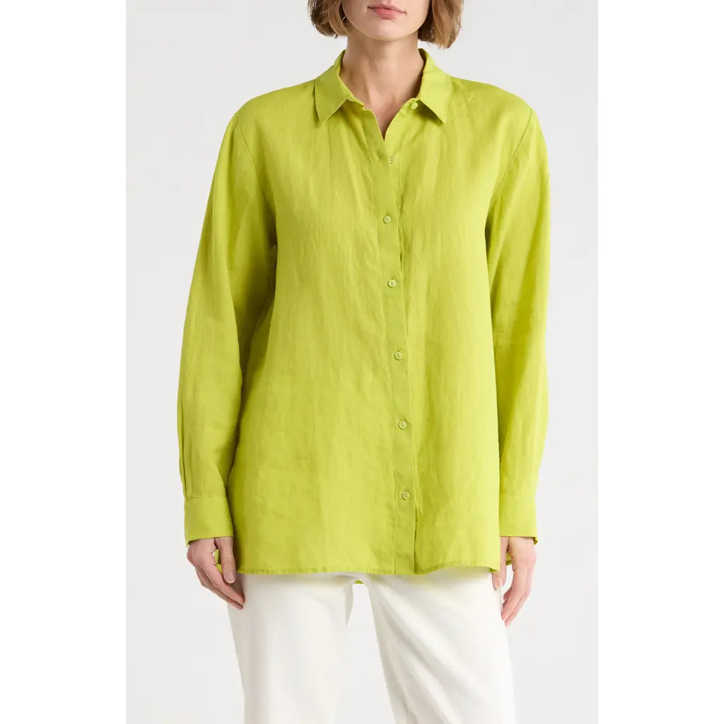 Eileen Fisher Classic Collar Organic Linen Button-Up Shirt in Chartreuse at Nordstrom Rack, Size Xx-Small | Nordstrom Rack