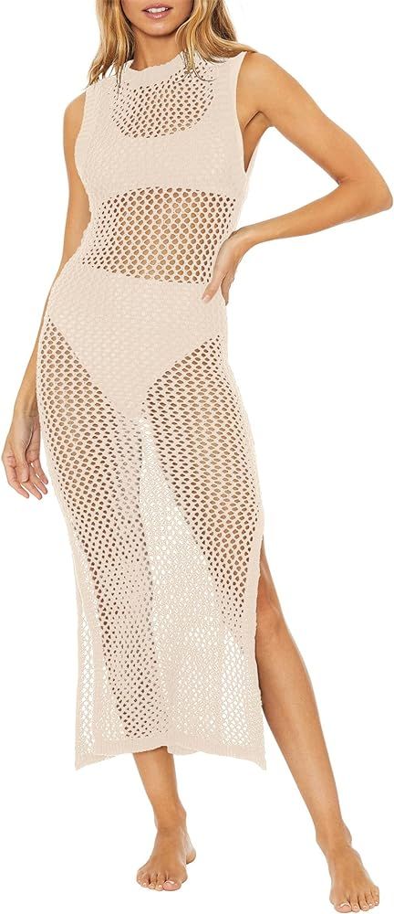 Ebifin Womens Sexy Cover Ups Crochet Dress Sleeveless Crew Neck Hollow Out Beach Cover Up Side Sl... | Amazon (US)