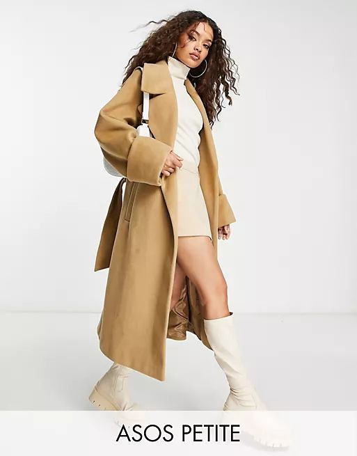 ASOS DESIGN Petite brushed belted coat in brown | ASOS (Global)