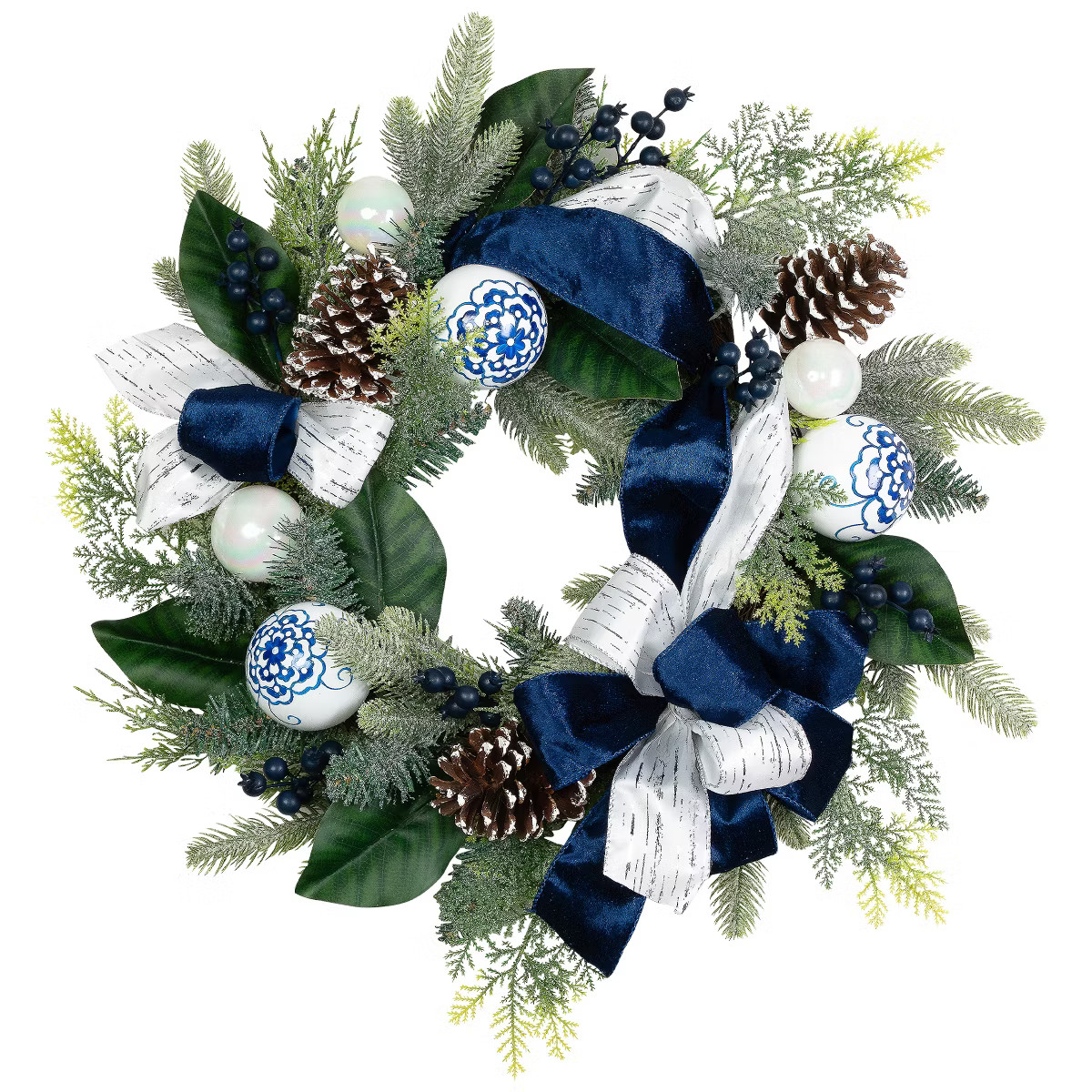 Northlight Frosted Pine with Blueberries, Bows and Ornaments Christmas Wreath - 24" - Unlit | Target