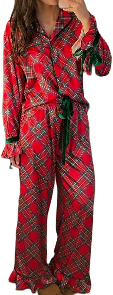 Yoawdats Women Matching Christmas Pajamas Set Ruffle Long Sleeve Plaid Button Up Bow Tie Cute Lap... | Amazon (US)