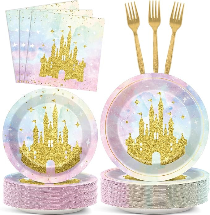 200Pcs Princess Castle Birthday Party Supplies Watercolor Pastel Rainbow Plates and Napkins Gold ... | Amazon (US)