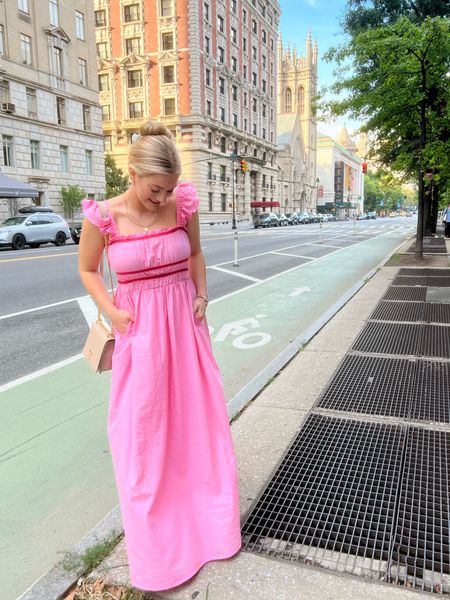 Pink maxi dress with pockets and flattering waist detail paired with sneakers and a flexible claw clip for a day of walking in NYC 

#LTKunder100 #LTKSeasonal #LTKtravel