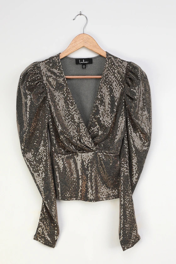Style Celebration Gold Sequin Surplice Puff Sleeve Top | Lulus (US)