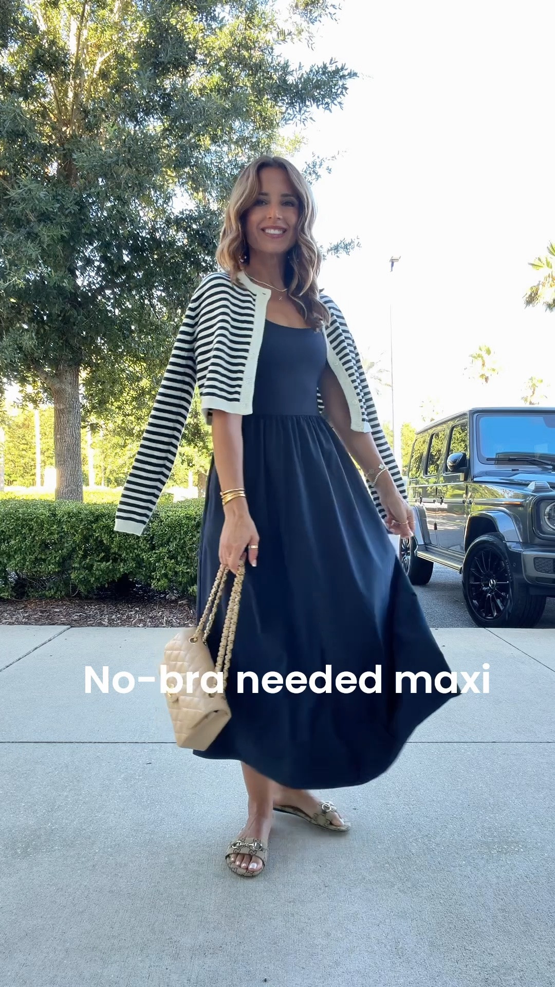 Amazon no bra needed maxi dress in XXS. Wrinkle-resistant fabric with shelf bra and removable cups. This also has adjustable straps and pockets! I love this for every, travel, and in a business casual environment. Aritzia striped cardigan in XXS. Travel outfit. Summer outfit. Summer style. Elevated casual. Teacher outfit. Gucci slides - I went up half a size. Fall outfit. Fall style.

#LTKootd #LTKWorkwear #LTKTravel
