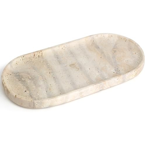 YMXYJM Genuine Real Natural Marble Tray for Bathroom, Luxury Ultra White Travertine Stone Vanity Tray, Decorative Oval Trays for Countertop Storage, Vanity, Dresser, Kitchen, Home Decor, 11.9"*5.8" | Amazon (US)