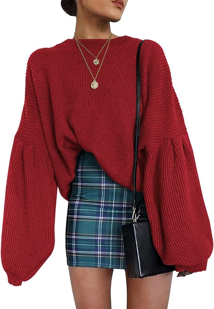 PRETTYGARDEN Women's Oversize Sweaters Loose Drop Shoulder Lantern Sleeve Round Neck Fashion Pullover Sweater Tops | Amazon (US)