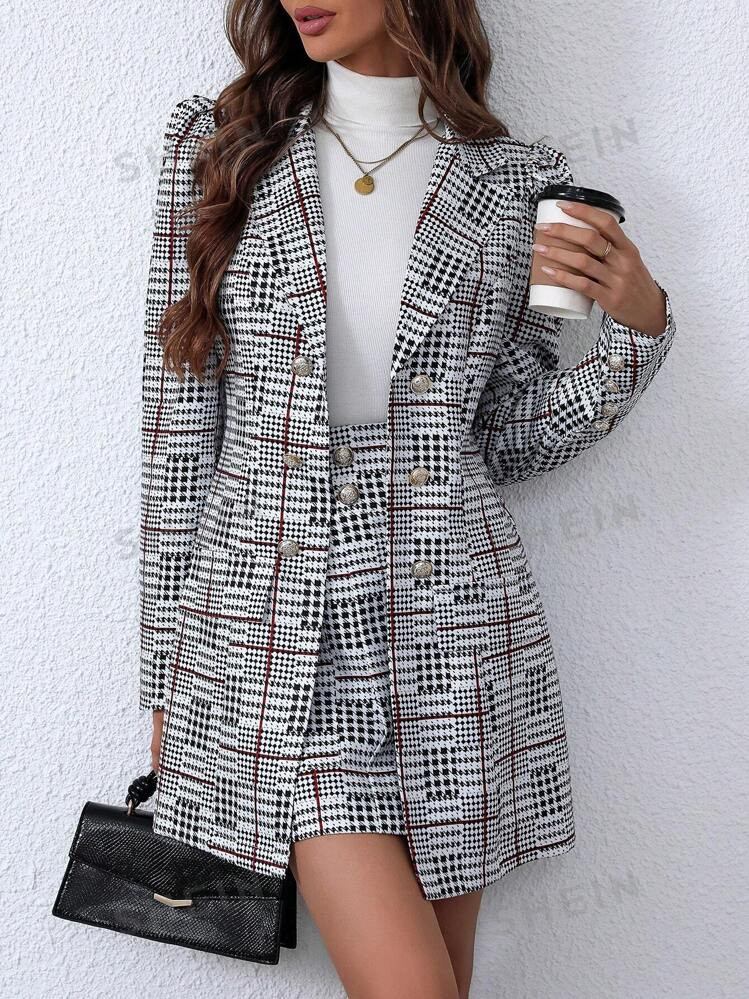 SHEIN Raffinéa 2pcs Women's Elegant Plaid Blazer Jacket And Skirt Suit Set, Fall/Winter | SHEIN