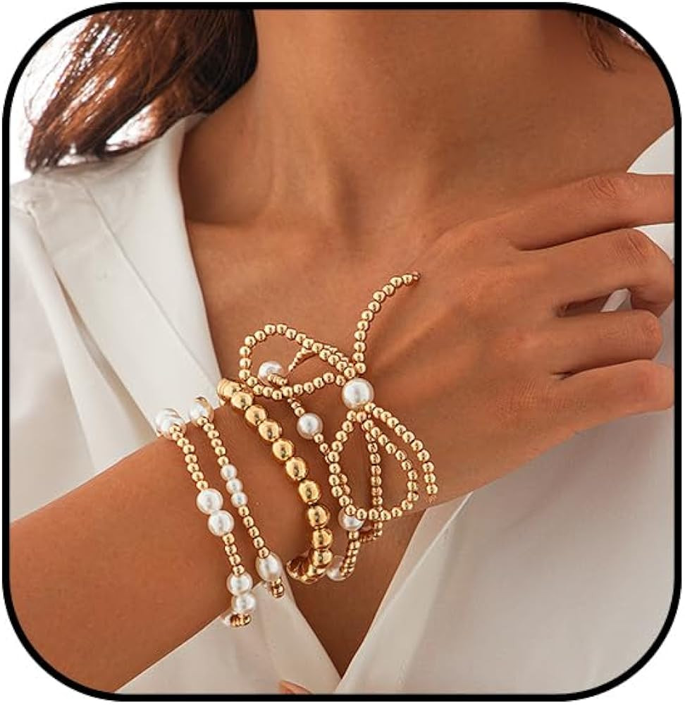 Gold Bow Bracelet Set for Women Pearl Beaded Bracelets Adjustable Bowknot Ribbon Bracelet Stretch... | Amazon (US)
