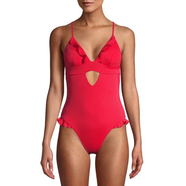 No Boundaries Juniors' Red Ribbed One-Piece Swimsuit | Walmart (US)