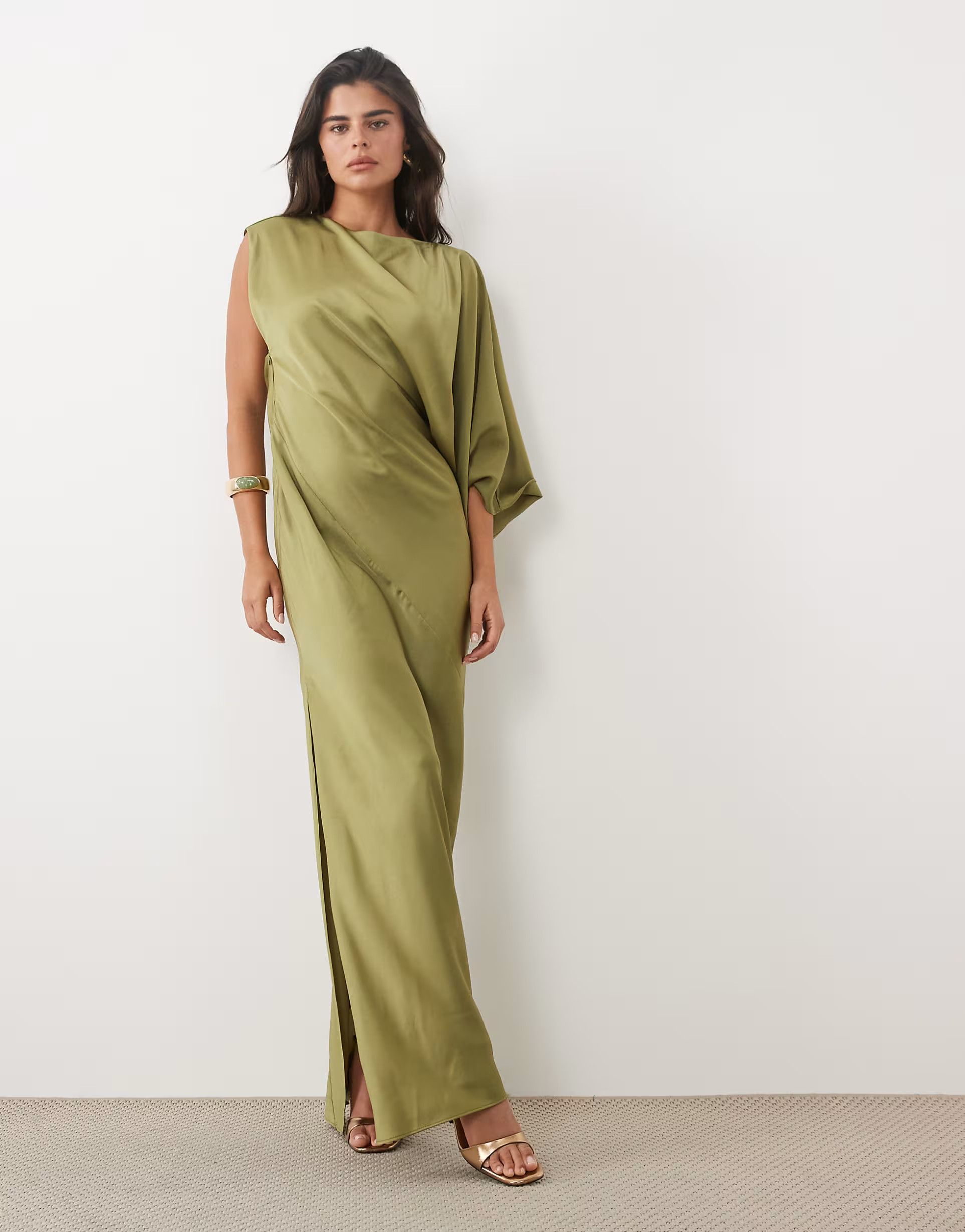 ASOS DESIGN one shoulder maxi with open back in olive | ASOS (Global)