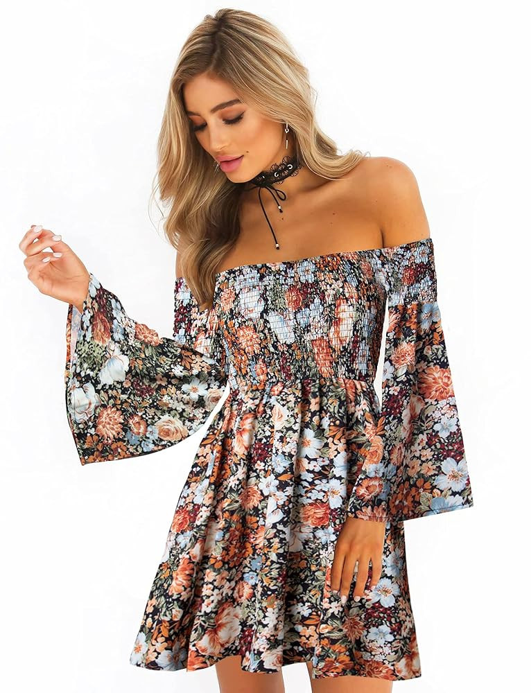 Women's Dress Summer Floral Long Sleeve Off Shoulder Casual Mini Dresses | Amazon (US)