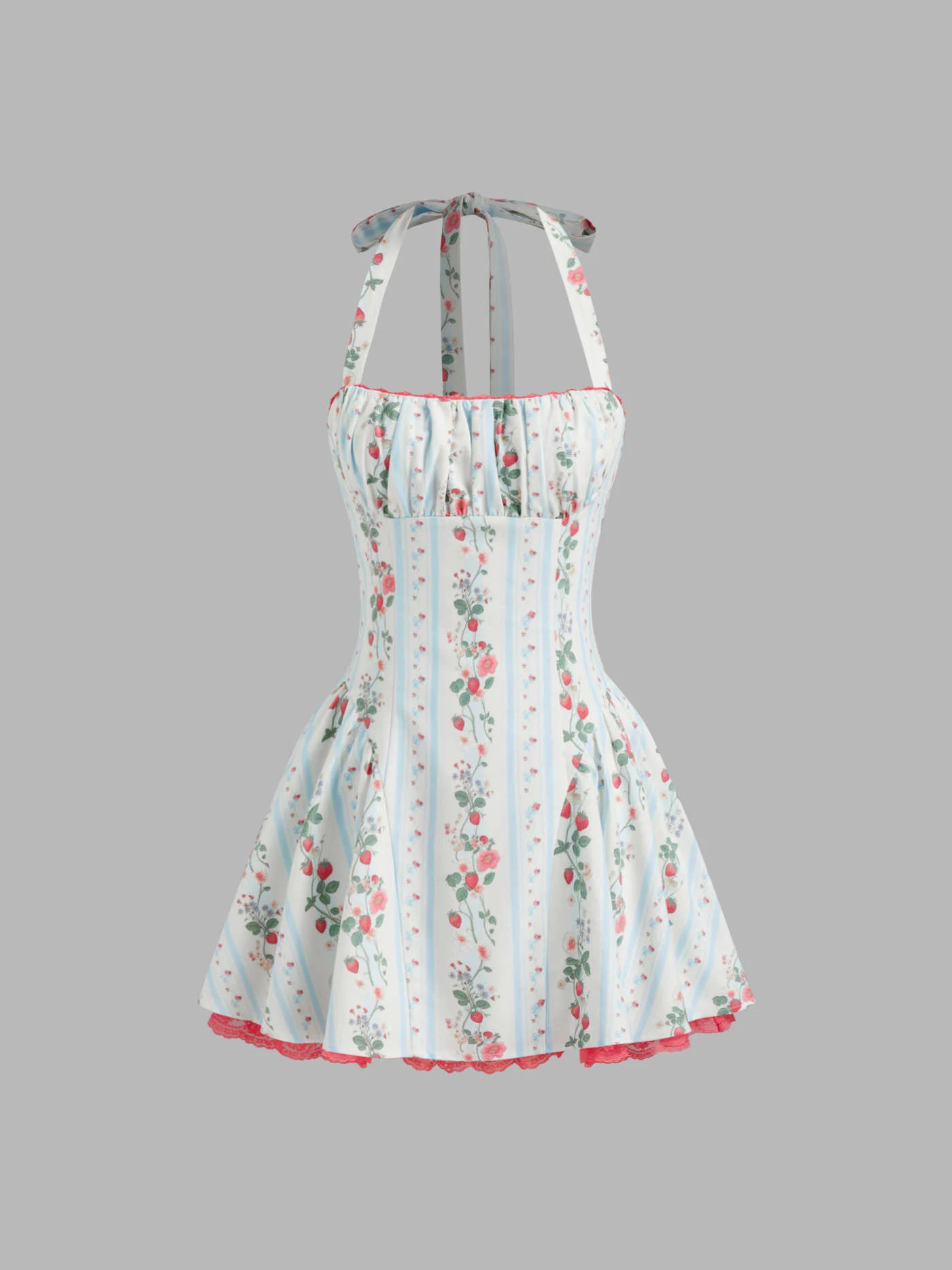 Linen-blend Halter Neckline Strawberry Floral Lace Up Ruffle Mini Dress | Cider