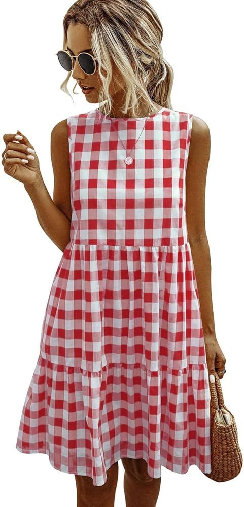 LANISEN Womens Casual Summer Short Ruffle Sleeve Babydoll Loose Swing Mini Dress V Neck Solid Tun... | Amazon (US)