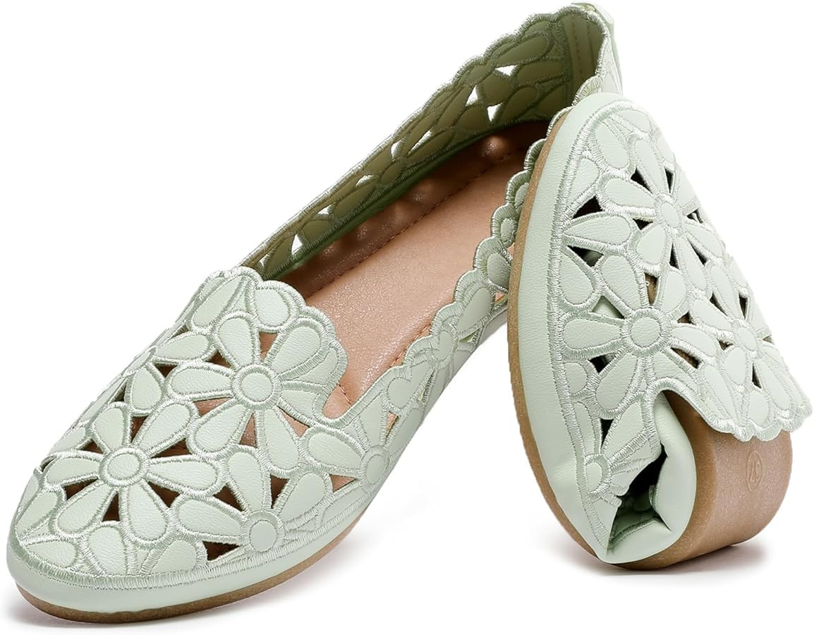 HEAWISH Women's Floral Ballet Flats for Women Black Beige Slip On Flowers PU Leather Round Toe Dr... | Amazon (US)