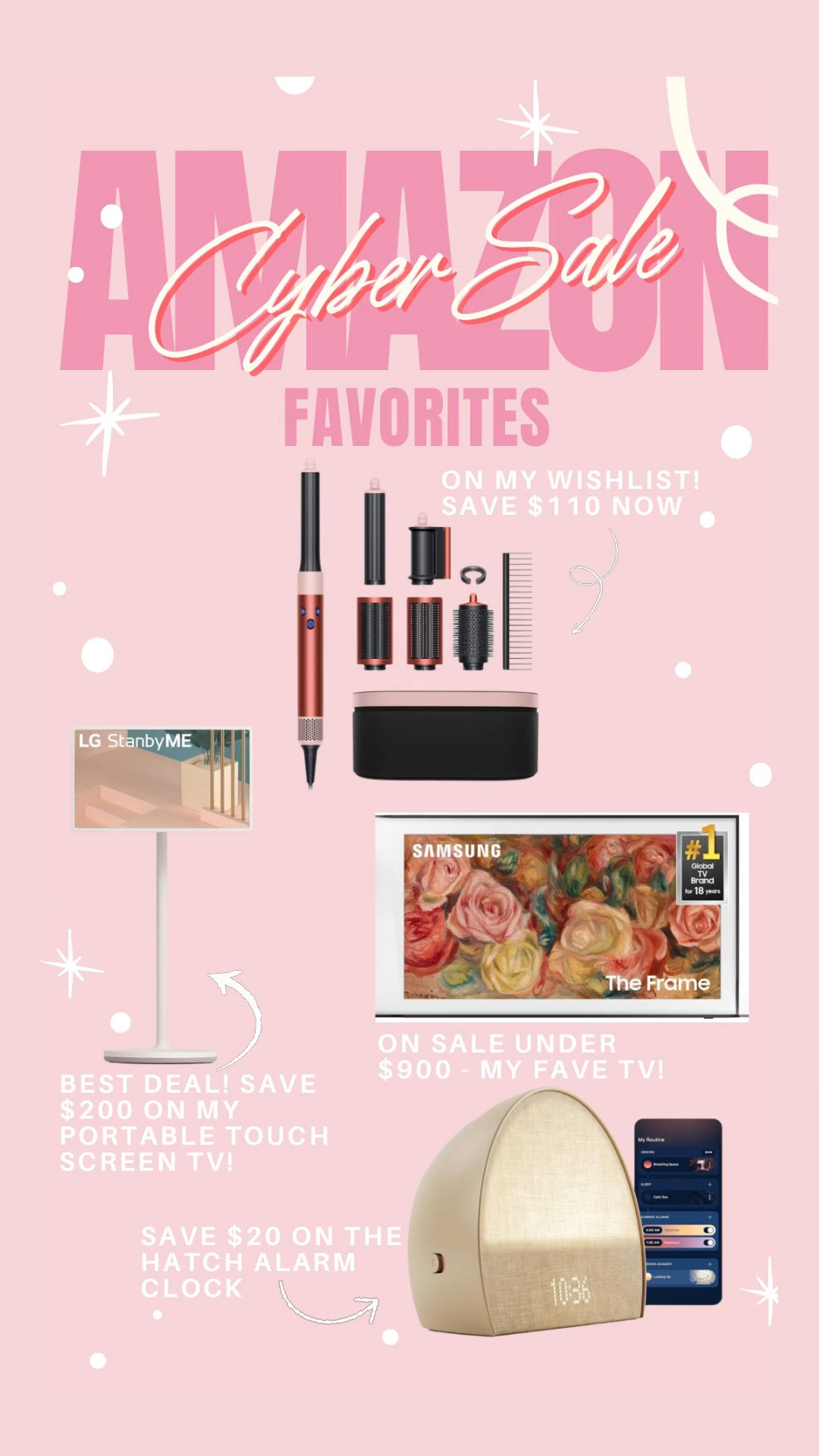 Amazon cyber Monday sale favorites! I have the Frame TV and am obsessed with it. I also have the LG portable touchscreen TV monitor and love it so much. It’s the lowest price I’ve ever seen it! The Dyson air wrap and hatch alarm clock are both on my wish list and I’ve heard amazing things about both, their great price right now too! 

#LTKCyberWeek #LTKGiftGuide #LTKHoliday