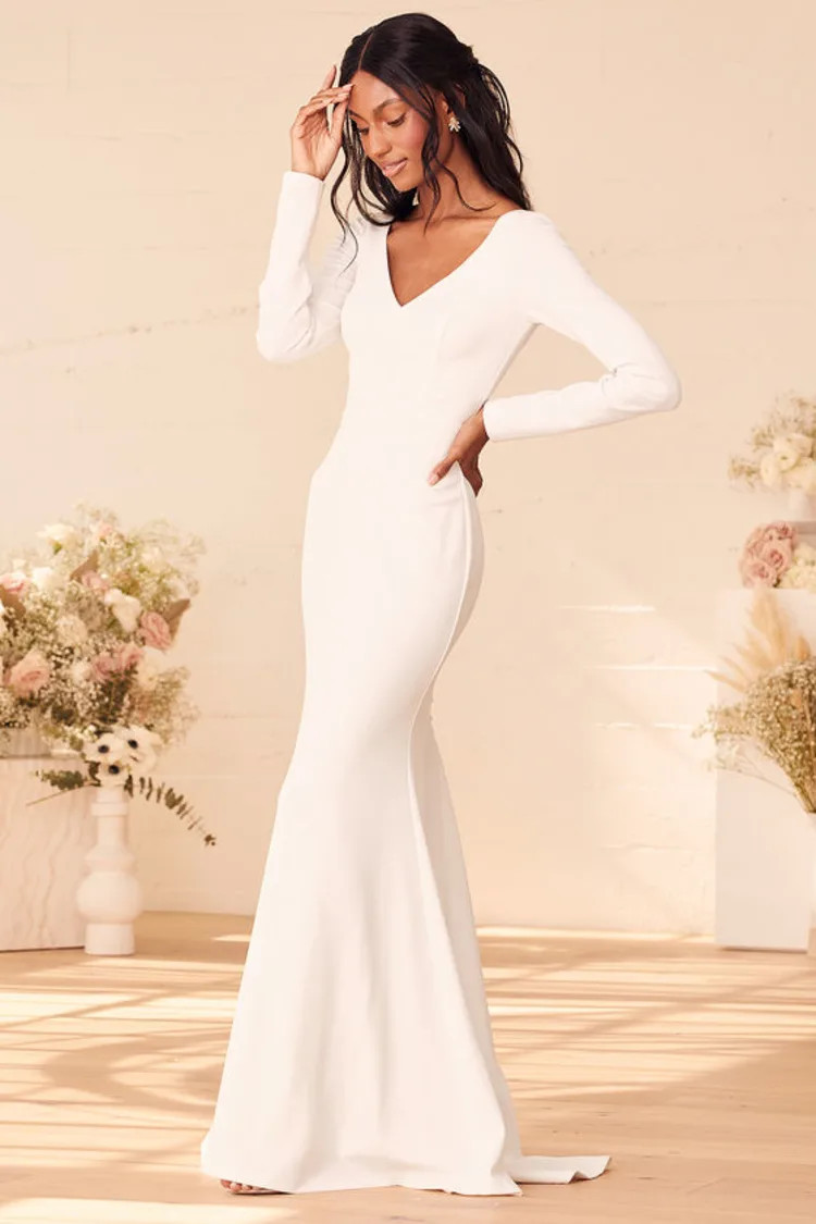 green emerald velvet dress Zapaka Women Western Wedding Dress with Slit White V Neck Mermaid Lace Sweep Train Bridal Dress, White / US22W main image 0