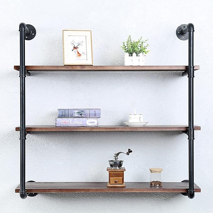 Industrial Pipe Shelving Wall Mounted,36in Rustic Metal Floating Shelves,Steampunk Real Wood Book... | Amazon (US)